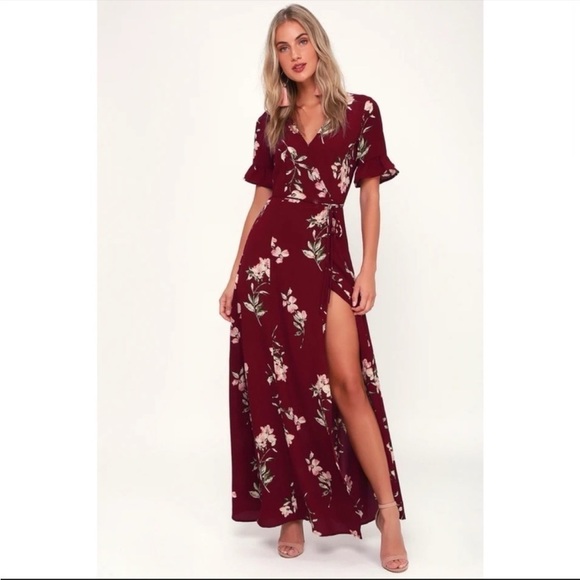 Lulus September Sunsets Burgundy Floral Print Wrap Maxi Dress - Picture 3 of 6
